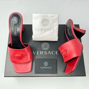 Versace Womens La Medusa Leather Shoes Heels Slides Mules Red Black 36.5 6.5